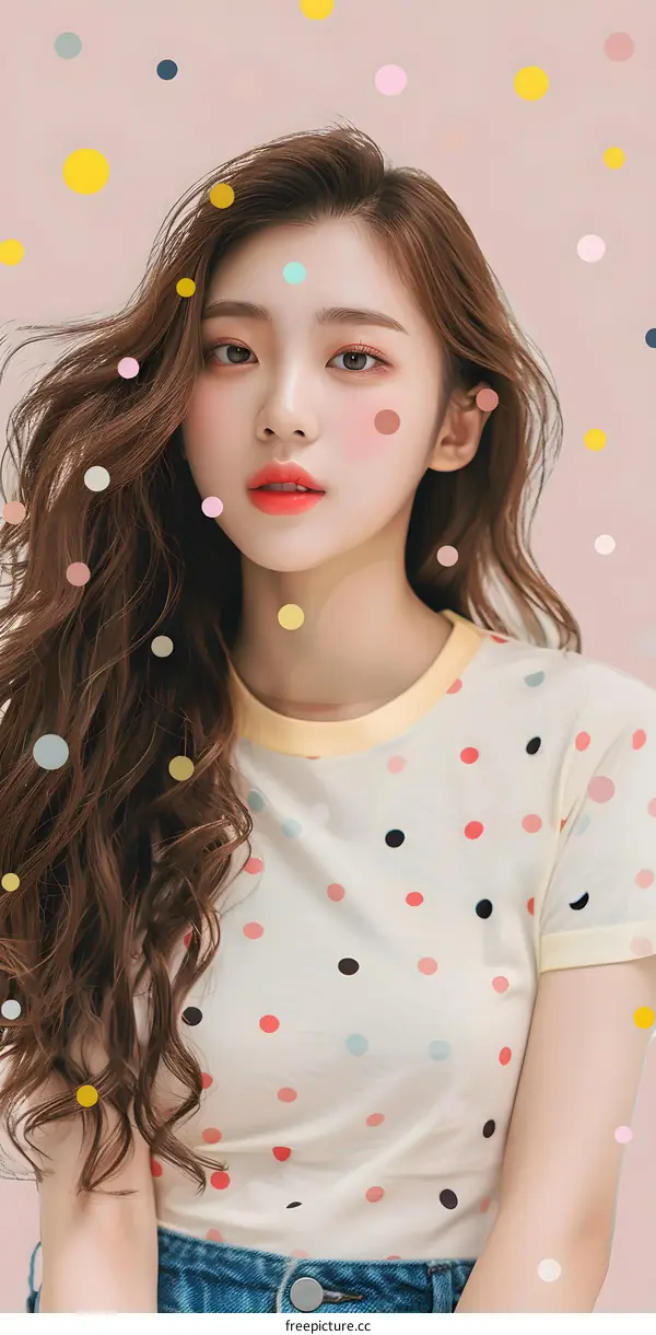 Asian Woman with Long Hair Wearing Polka Dot Shirt Posing