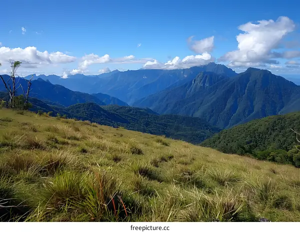 Mountainous Landscape with Grassy Hilltop and Blue Sky