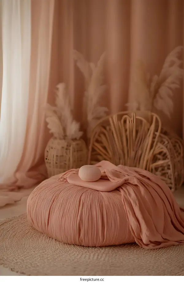 Boho Style Interior Design with Pink Cushion,  Dried Flowers, and Wicker Chair