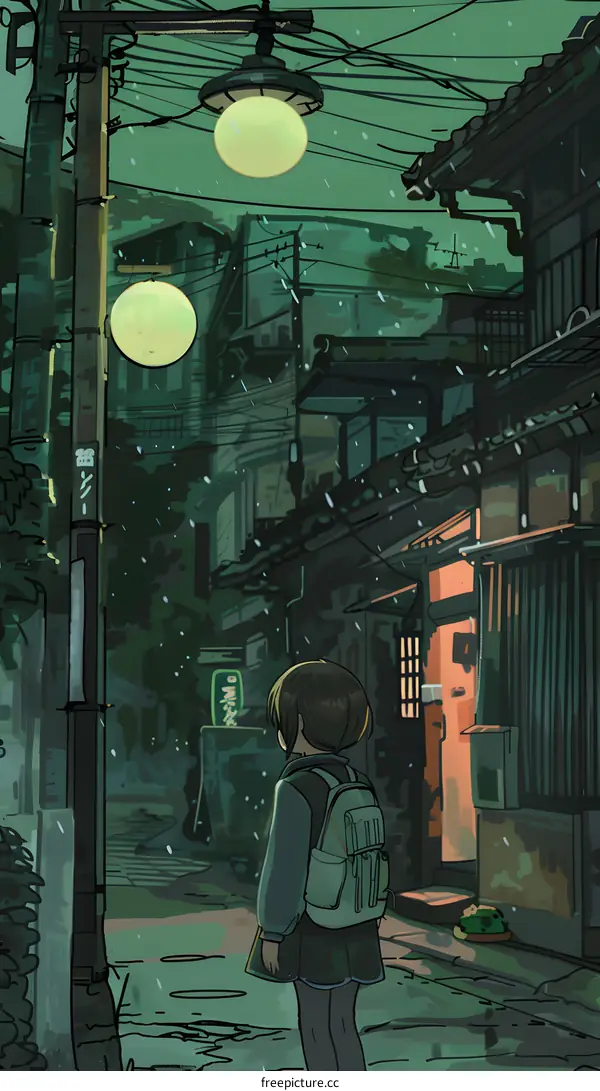 Girl Walking Alone in a Snowy Japanese Street at Night