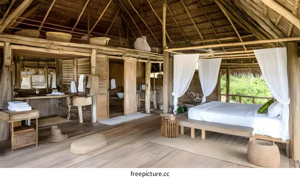 Rustic Wooden Cabin Interior with Canopy Bed and Bathroom