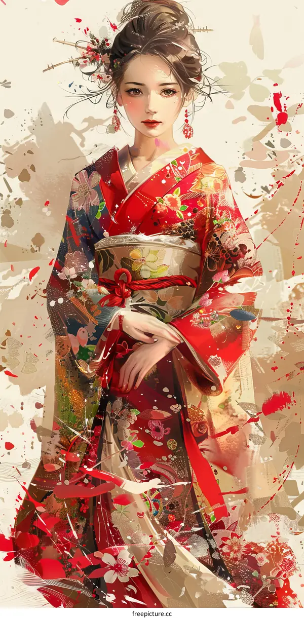 Beautiful Asian Woman In Red Kimono With Floral Pattern
