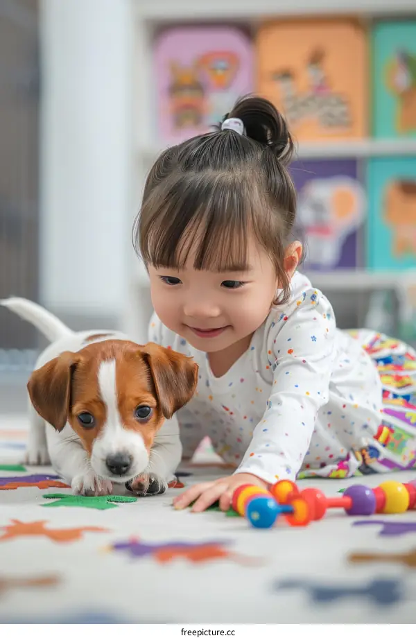 toddler girl playing with a puppy