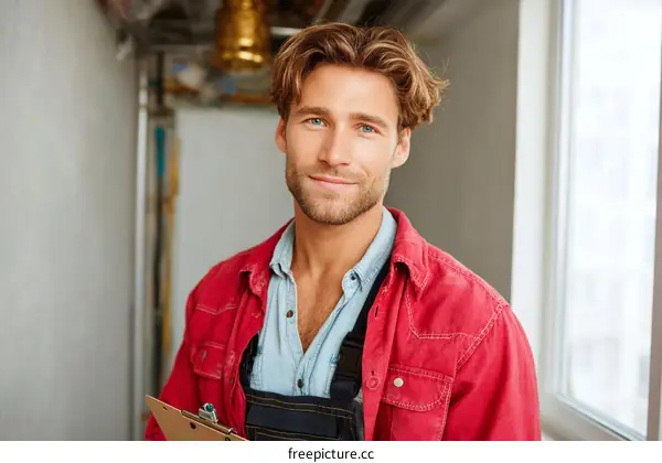 Smiling Caucasian Male Construction Worker Holding Clipboard