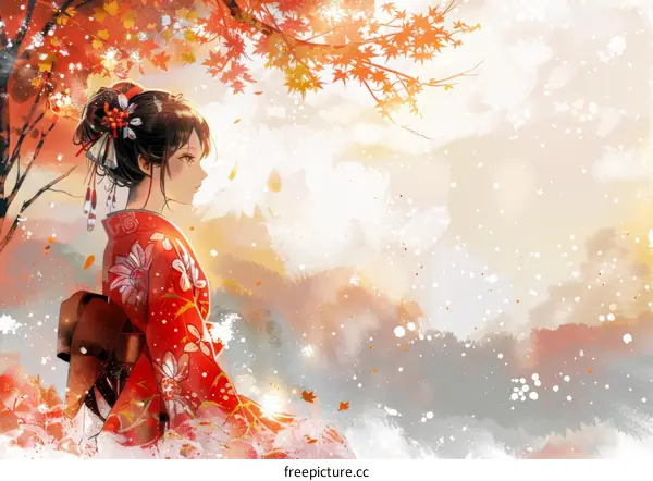 A woman in a red kimono standing under a tree in autumn