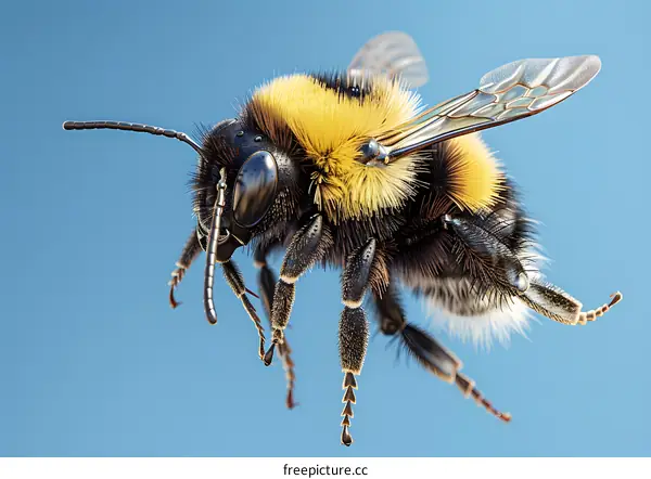 Bumblebee in flight on blue background