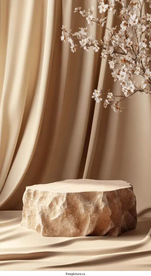 Beige Stone Display Stand with Flowing Fabric Background