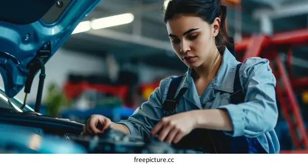 A female mechanic is working on a car engine.