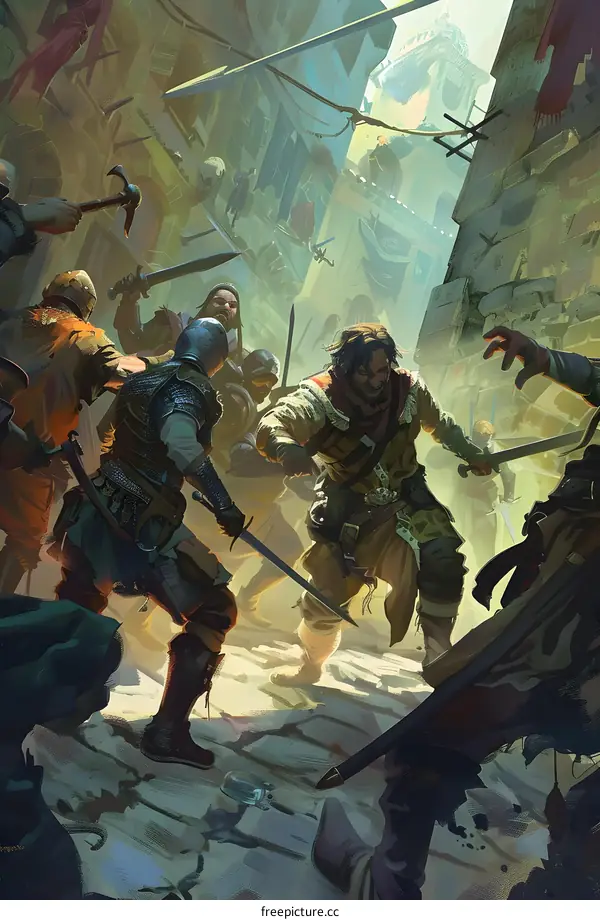 Fantasy Medieval Battle Scene With Swords And Characters