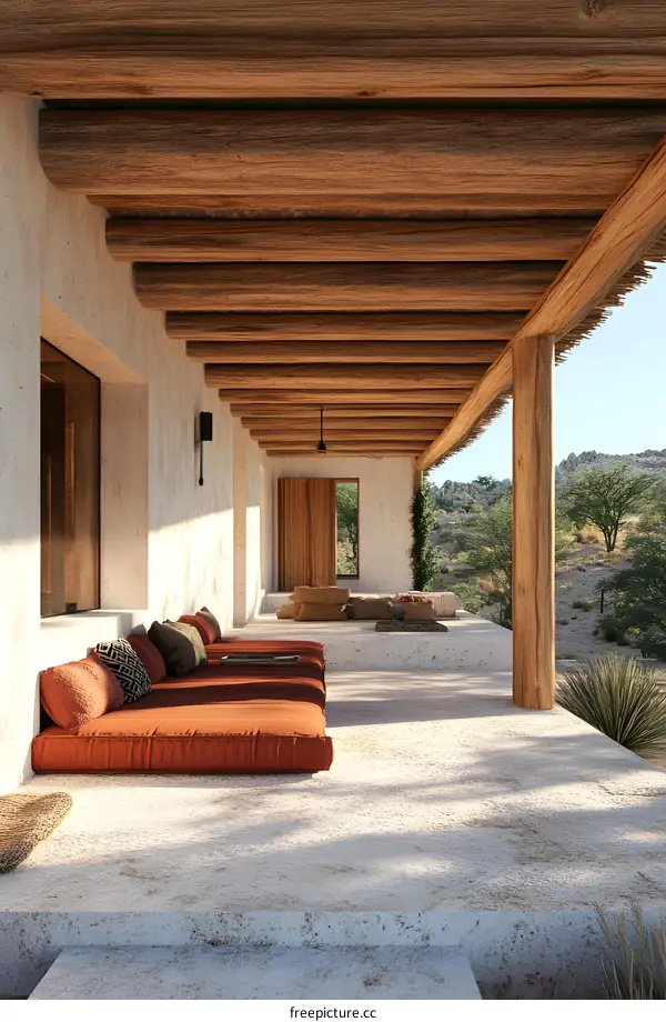 Minimalist Patio Design With Wooden Beams And Desert Landscape View