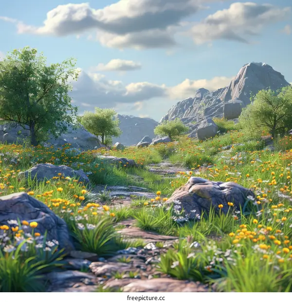 Stunning Countryside Landscape with Flowers and Lush Green Grass