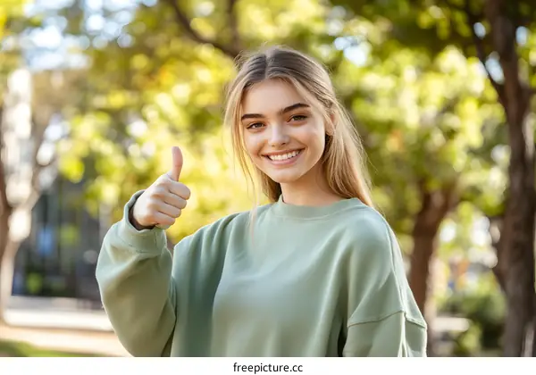 Smiling Woman Giving Thumbs Up in a Park