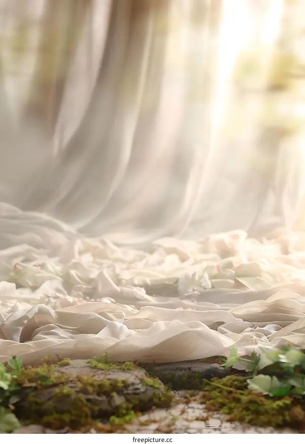 White Fabric Background with Flowers and Moss