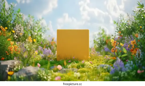 Yellow cube in a colorful flower field
