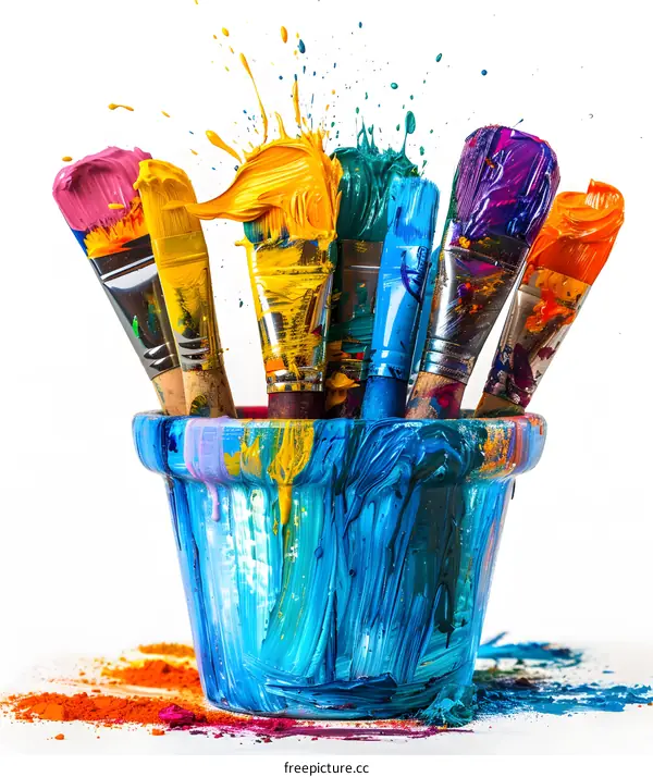 Colorful Paint Brushes In A Pot