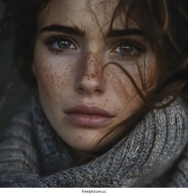 Portrait of a young woman with freckles and blue eyes