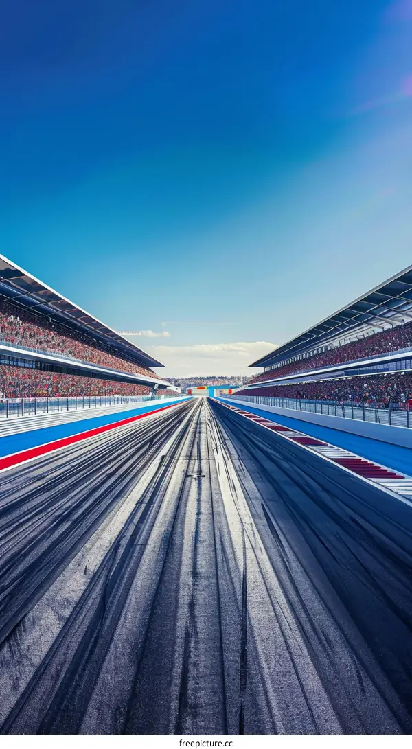 race track with empty grandstands under blue sky