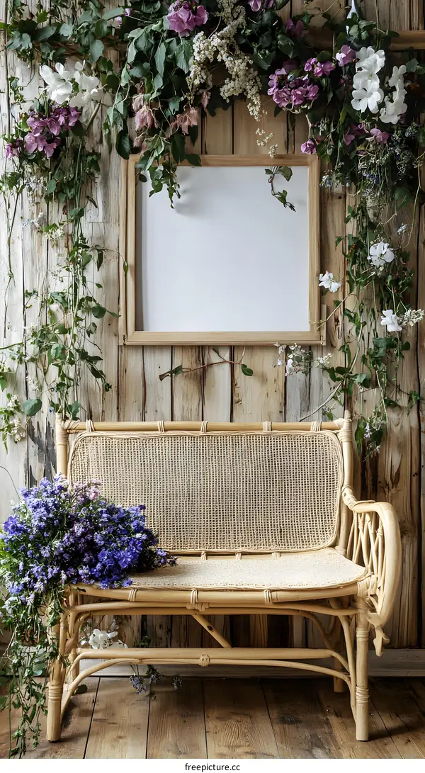 Wooden Bench and Empty Frame Decorated with Flowers