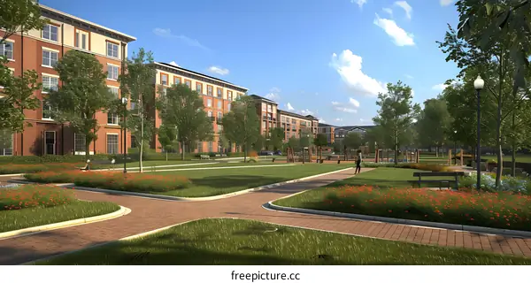 An illustration of a residential area with brick apartment buildings, green lawns, and a walking path
