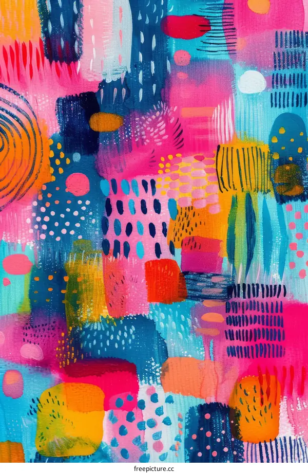 Abstract painting with bright colors and various patterns