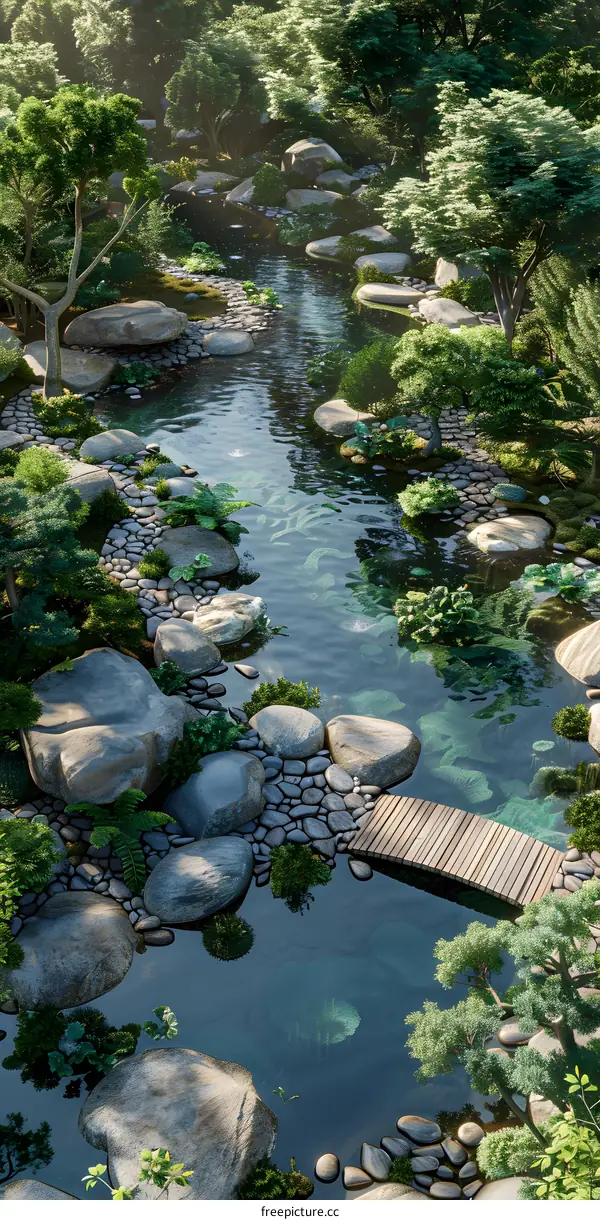 Pebble path through a Zen garden with a small wooden bridge