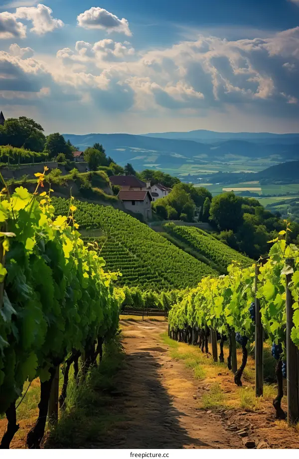 Vineyard landscape with a dirt road in the foreground and a village in the background