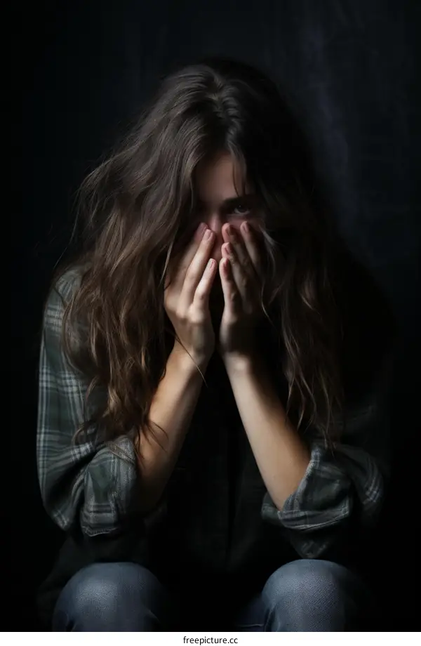 A young woman with long brown hair covers her face with her hands