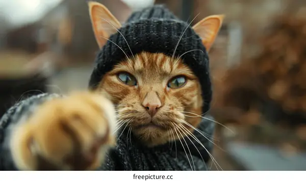 A ginger cat wearing a black beanie