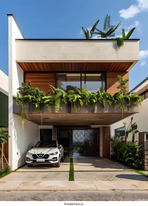 Modern Minimalist House with Green Roof and Car in Garage