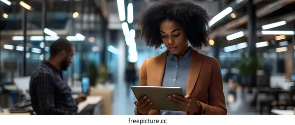 Young African American Woman Using Tablet Computer in Modern Office