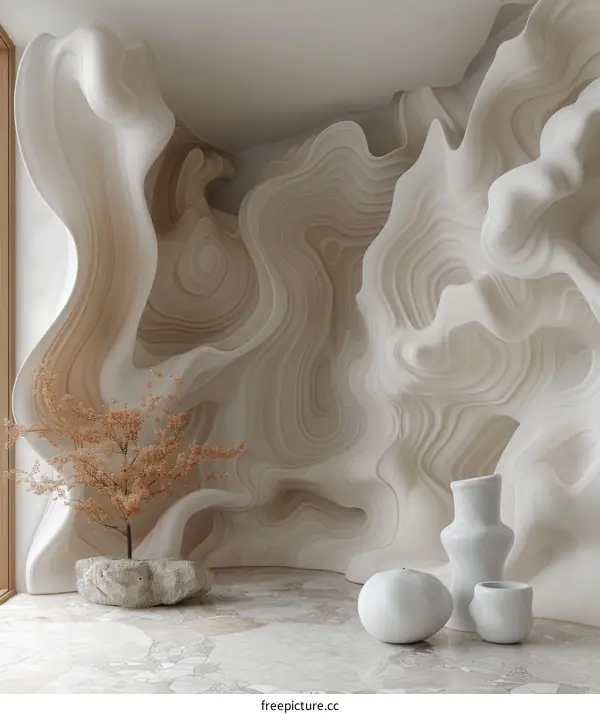 Modern Minimalist Interior with Abstract Wall Sculpture