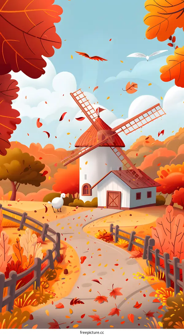 Autumn Windmill Landscape with Falling Leaves