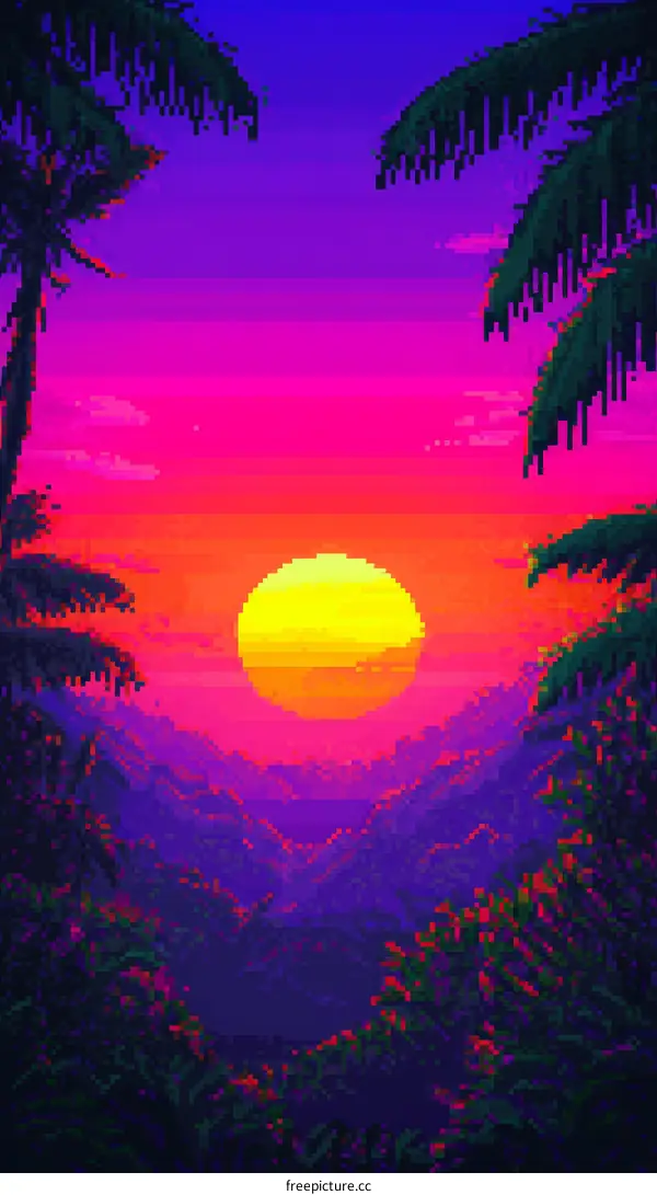 Pixel Art Sunset Through Palm Trees