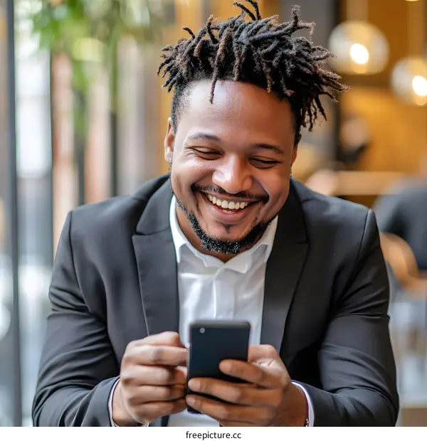 African American Man Smiling While Looking at Phone