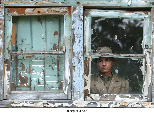 man looking out window