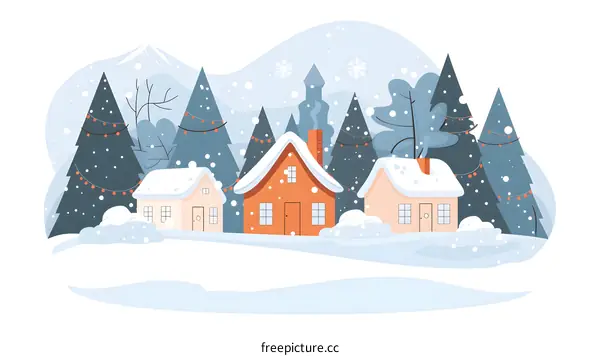 Snowy Winter Village Illustration With Houses And Pine Trees