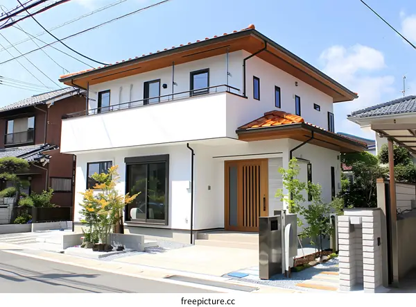 Modern White House With Wooden Accents and a Small Garden