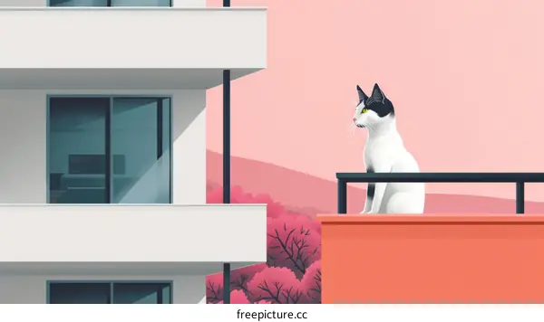 A content cat is relaxing on an apartment building's balcony, peering curiously at the busy city life below.