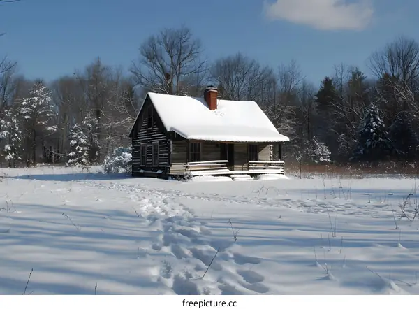 Small wooden house covered with snow in winter