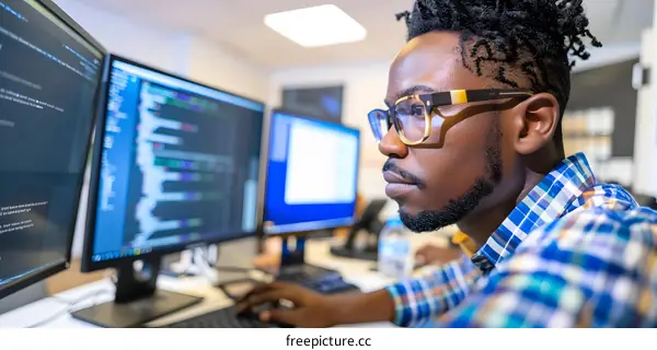 African American Programmer Working On Computer