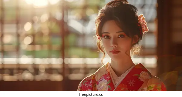 Portrait of a beautiful Japanese woman in traditional kimono