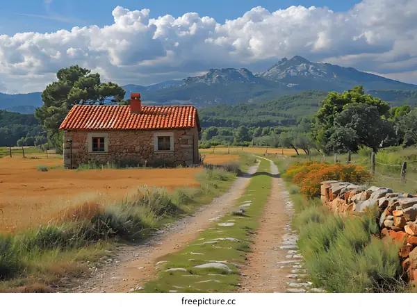 Stone Cottage in a Field with Mountain View