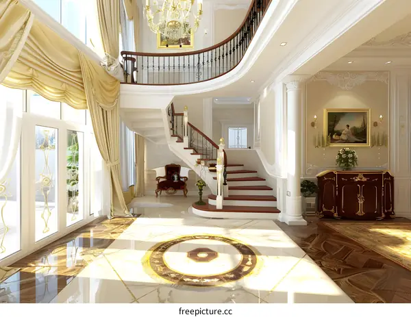 Luxury Home Interior Design With Grand Staircase And Chandelier
