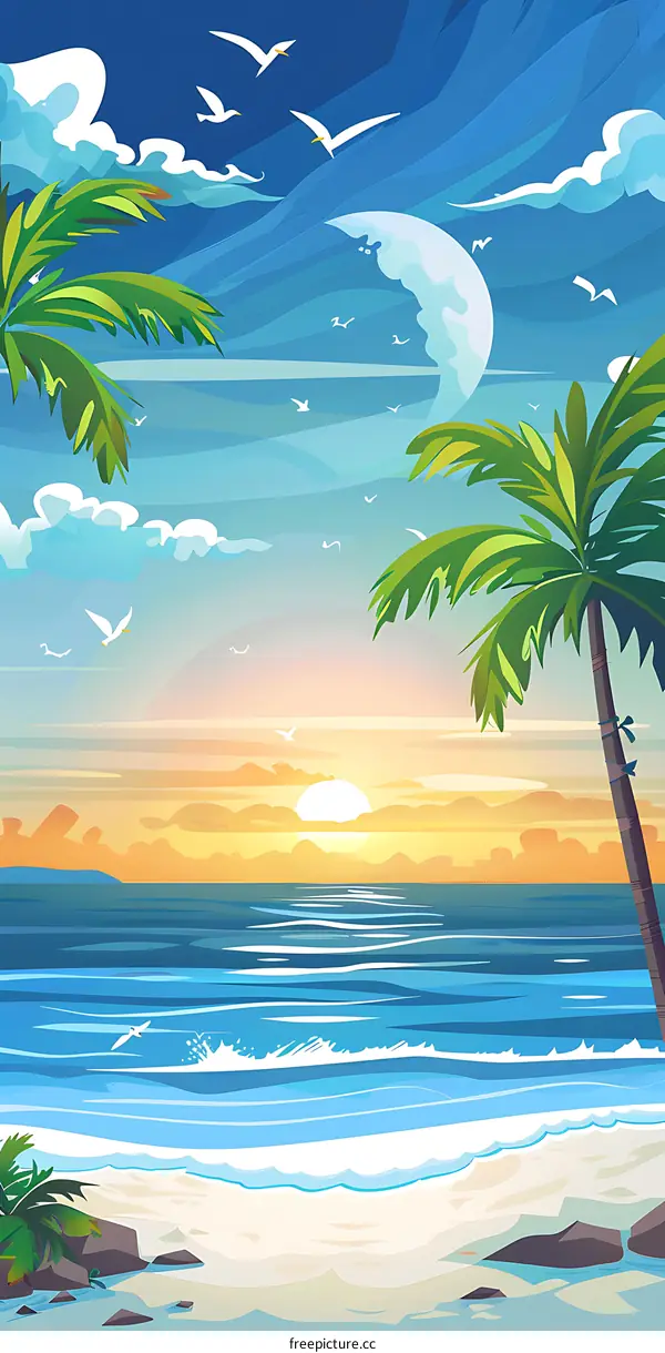 Tropical Sunset Beach Landscape With Palm Trees
