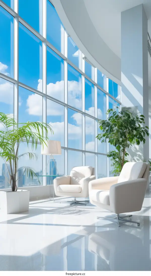 Office interior with large windows and city view