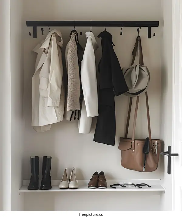 Minimalist Entryway with Hanging Clothes, Shoes, and Bags