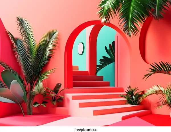 Pink and Green Minimalist Archway with Stairs