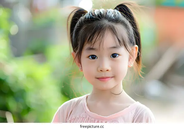 Portrait of a Little Girl With Pigtails in the Park