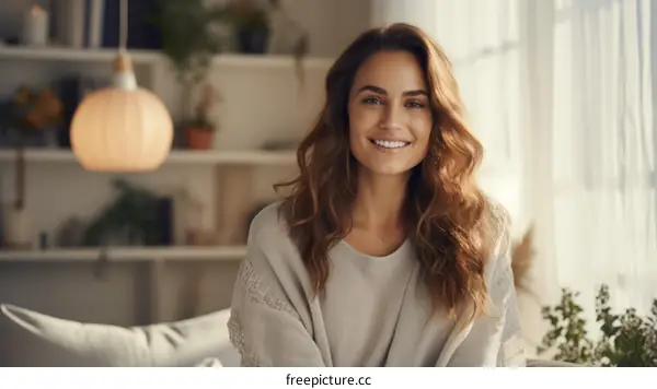Portrait of a beautiful young woman with long brown hair smiling at the camera