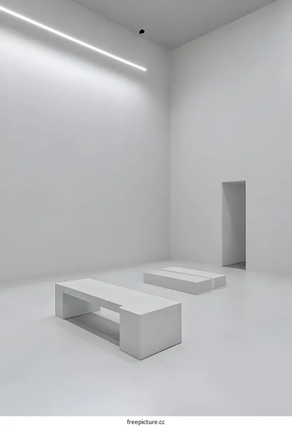 Minimalist White Room with Concrete Benches